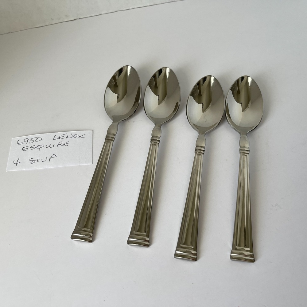Lenox ESQUIRE Glossy 18/10 Stainless Steel Lot of 4 Soup Spoons 7" China